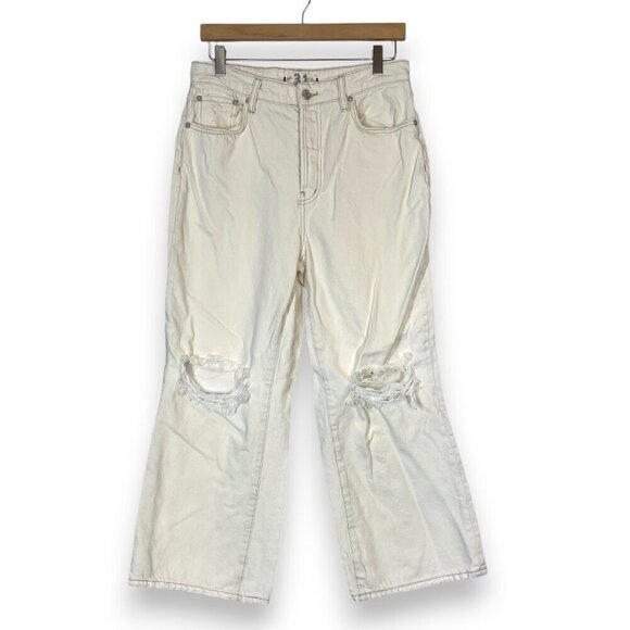 Free People Off White Wide Leg Cropped Jeans Distressed Button Fly 31 - Picture 1 of 9